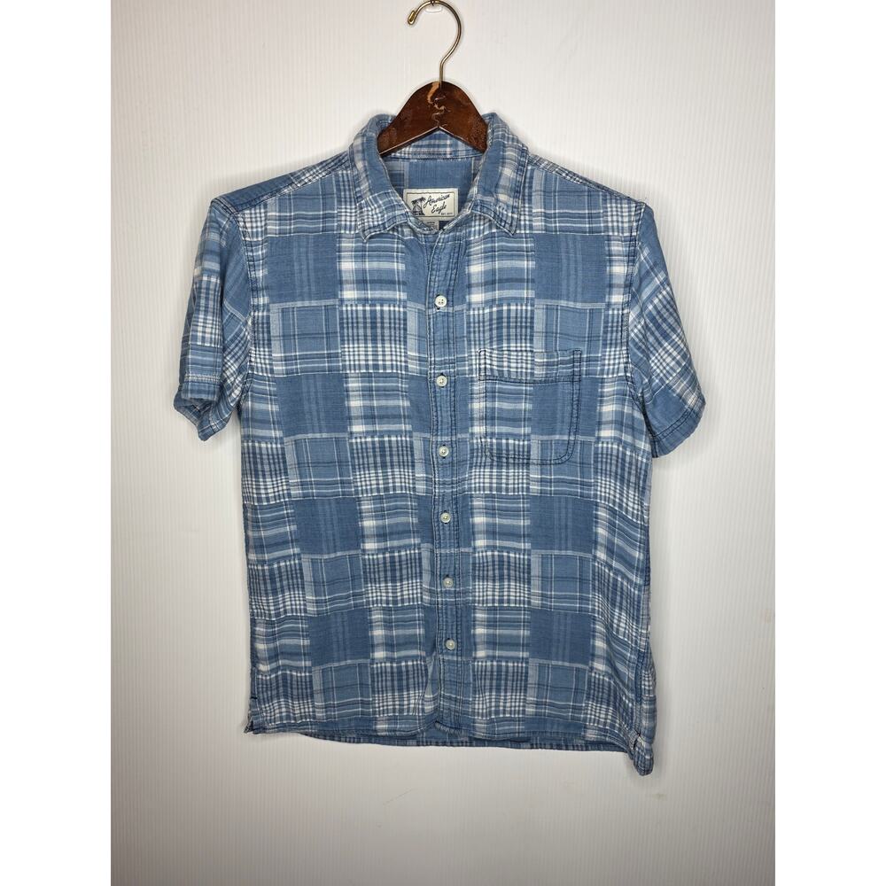 American Eagle Blue Patchwork  Button-Down Shirt Size M Cotton Casual Summer